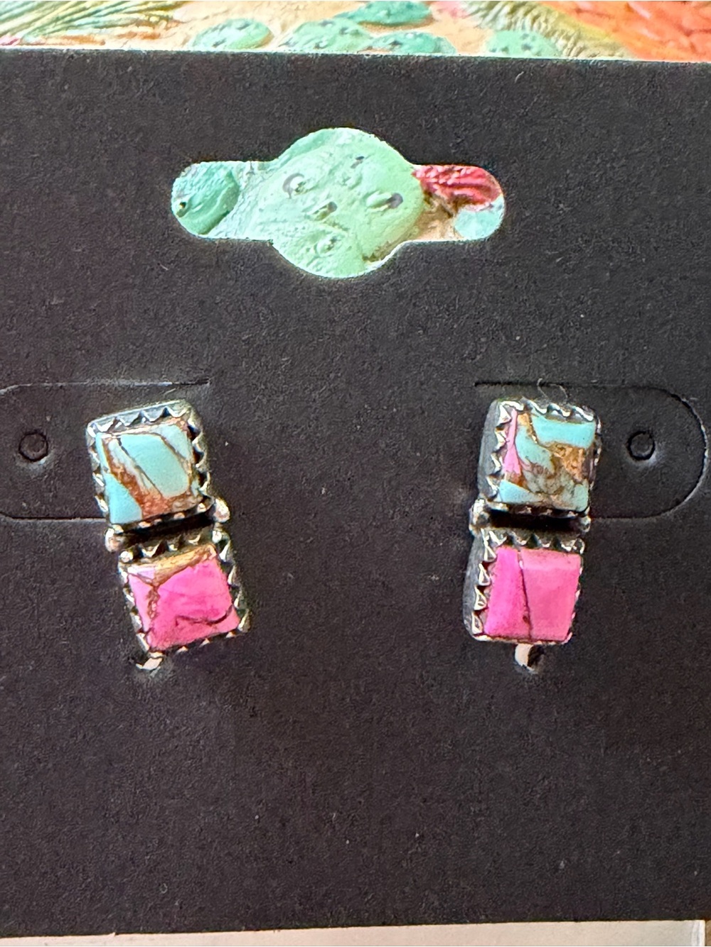 Cotton Candy Dahlia Double Square Stone Drop Sterling Sliver earrings